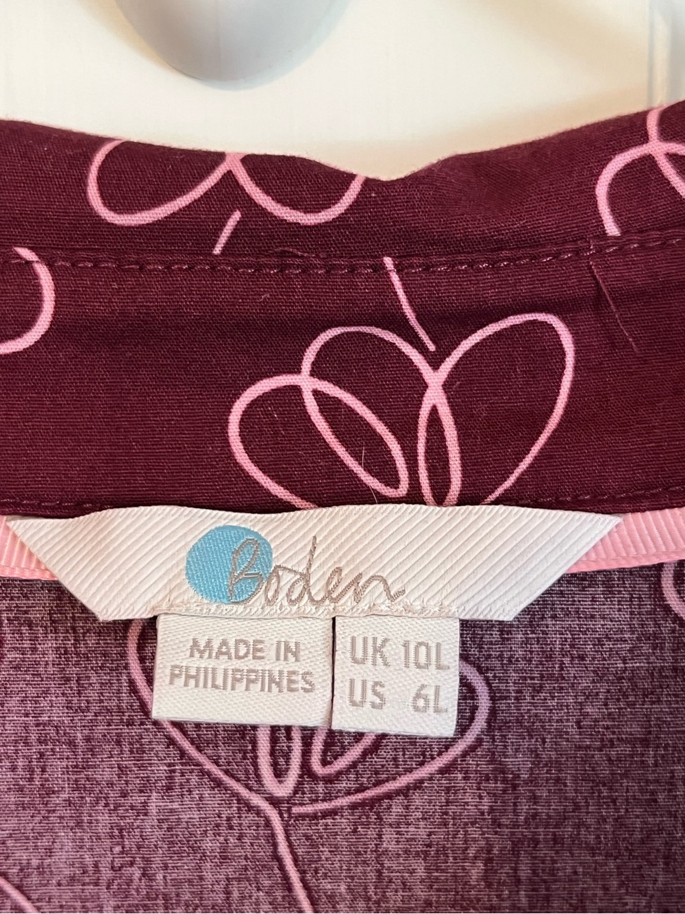 Boden Roseland Shirt Dress with Pockets Burgundy & Pink Heart Print Size 6 LONG - Picture 7 of 13